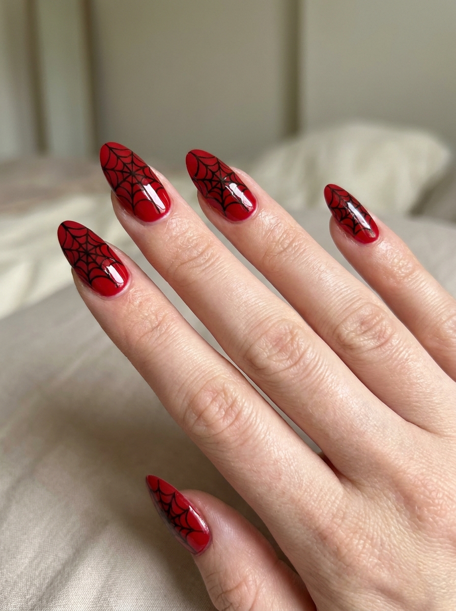 Glossy Red Spiderman Almond Nails als Spiderman Nägel Inspiration 2026